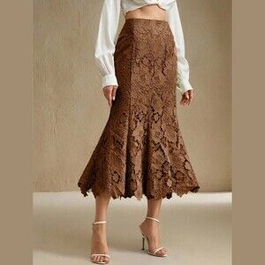 Brown Floral Lace Scalloped Hem Flared Mermaid Midi Skirt